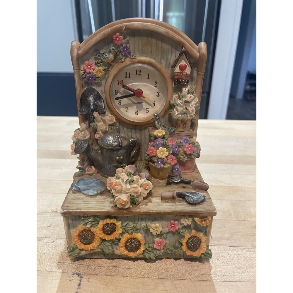 Cottagecore Gardening Table Resin Mantel Clock Plays Somewhere Over The Rainbow